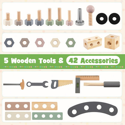 2 In 1 Wooden Kids Cart & Tool Bench | Realistic Tools Brown