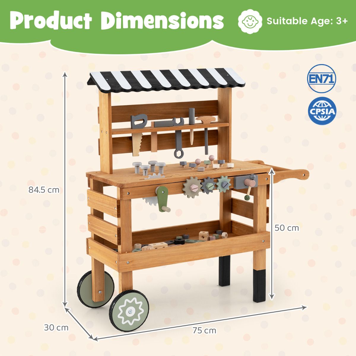 2 In 1 Wooden Kids Cart & Tool Bench | Realistic Tools Brown