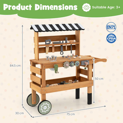 2 In 1 Wooden Kids Cart & Tool Bench | Realistic Tools Brown