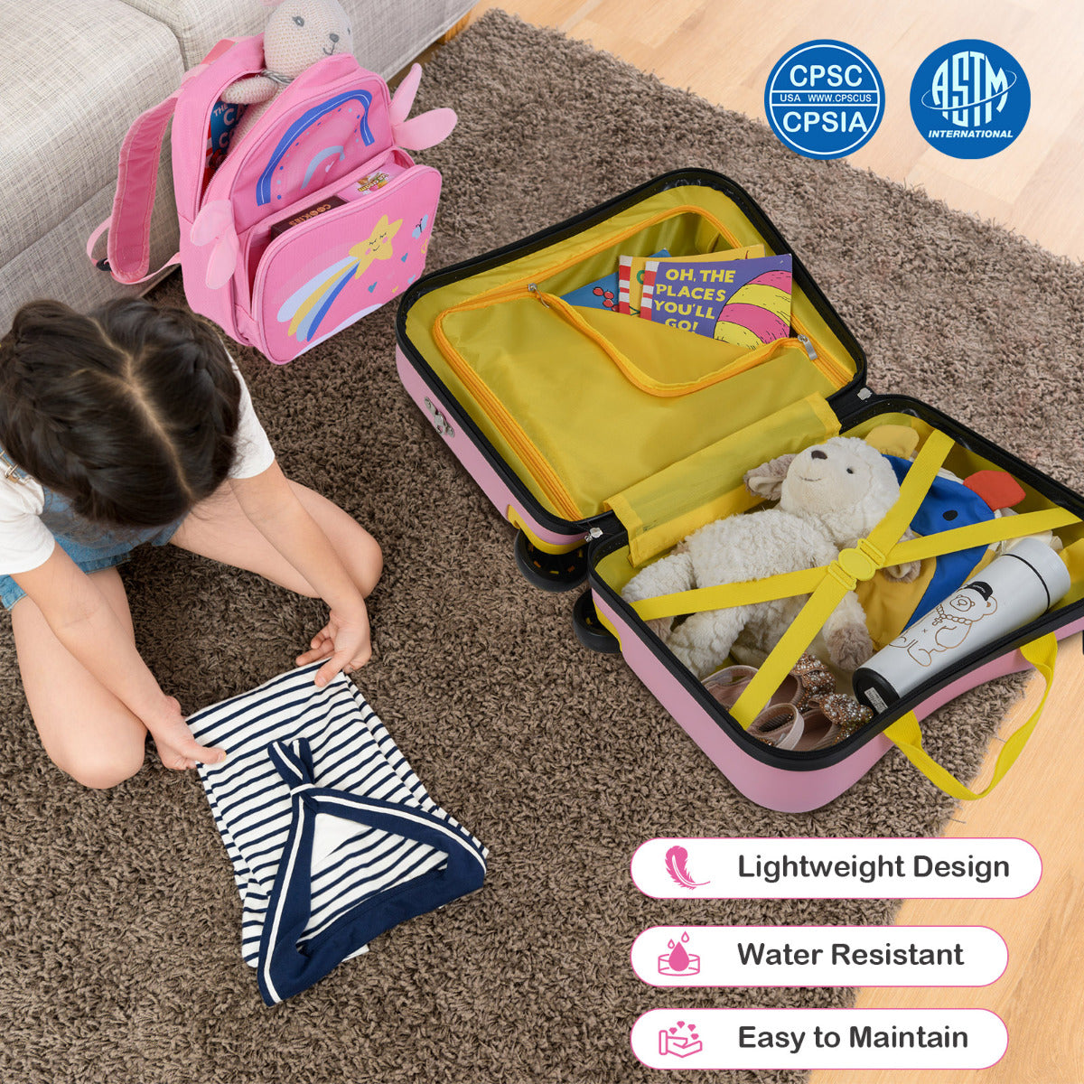 Kids 2pc Light Pink Ride-On Luggage Set | Suitcase & Backpack