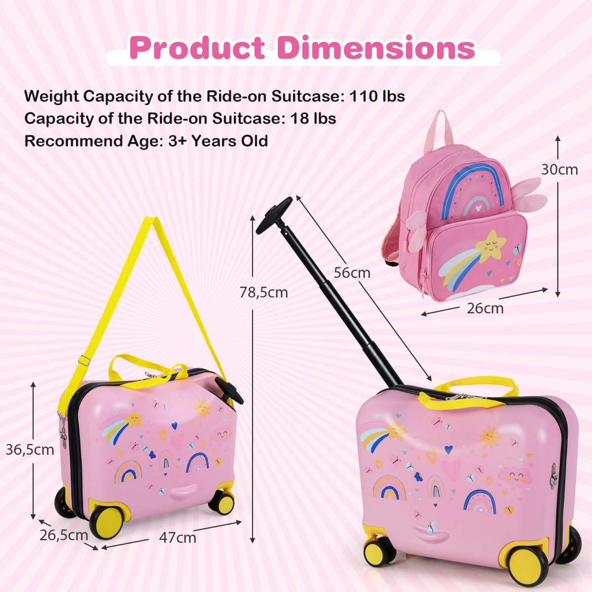 Kids 2pc Light Pink Ride-On Luggage Set | Suitcase & Backpack