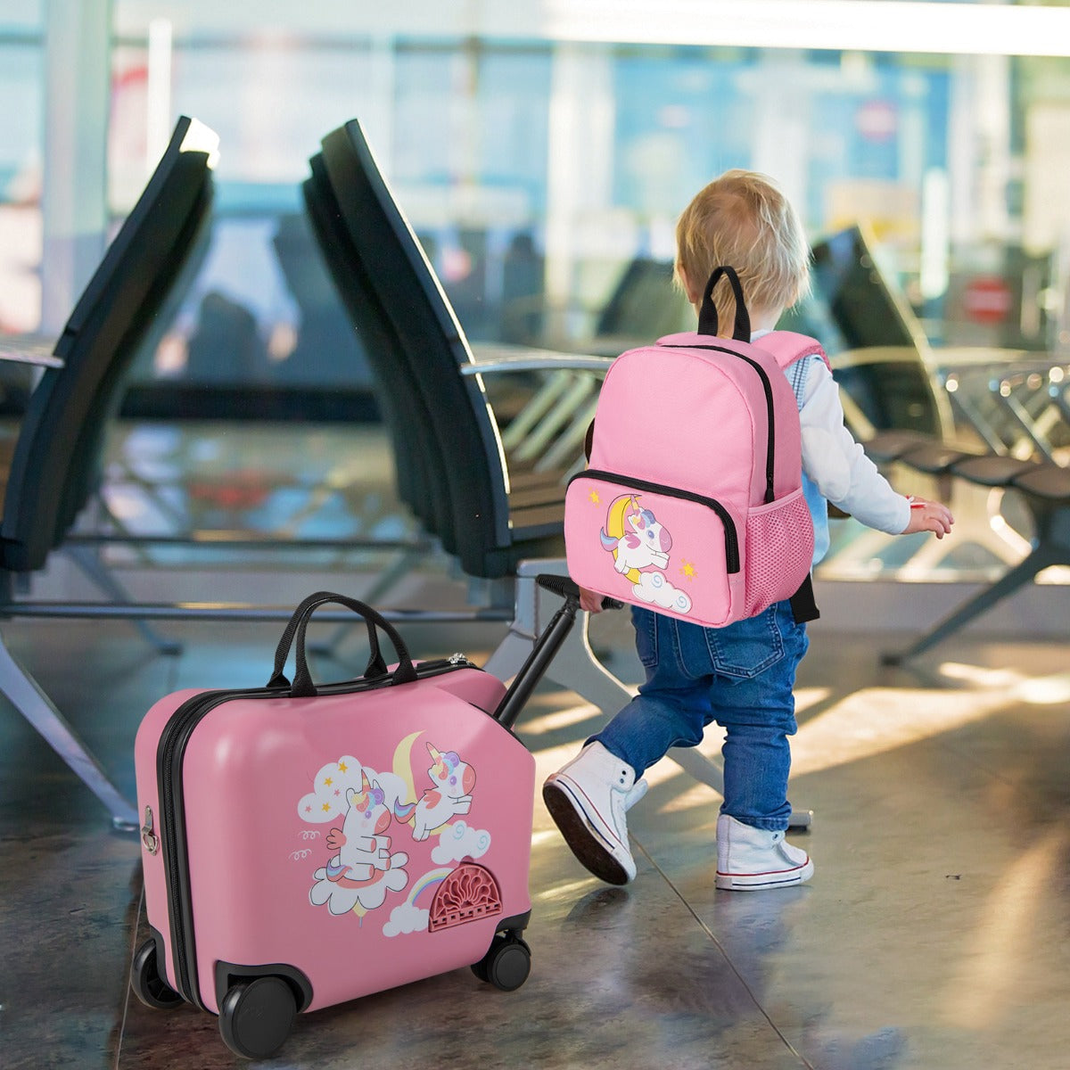 Kids 2-Piece Unicorn Luggage Set with Spinner Wheels for travel fun and storage at home.