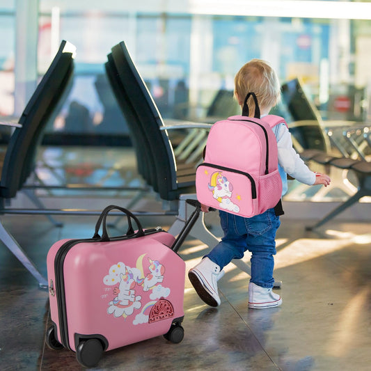Kids 2-Piece Unicorn Luggage Set with Spinner Wheels for travel fun and storage at home.