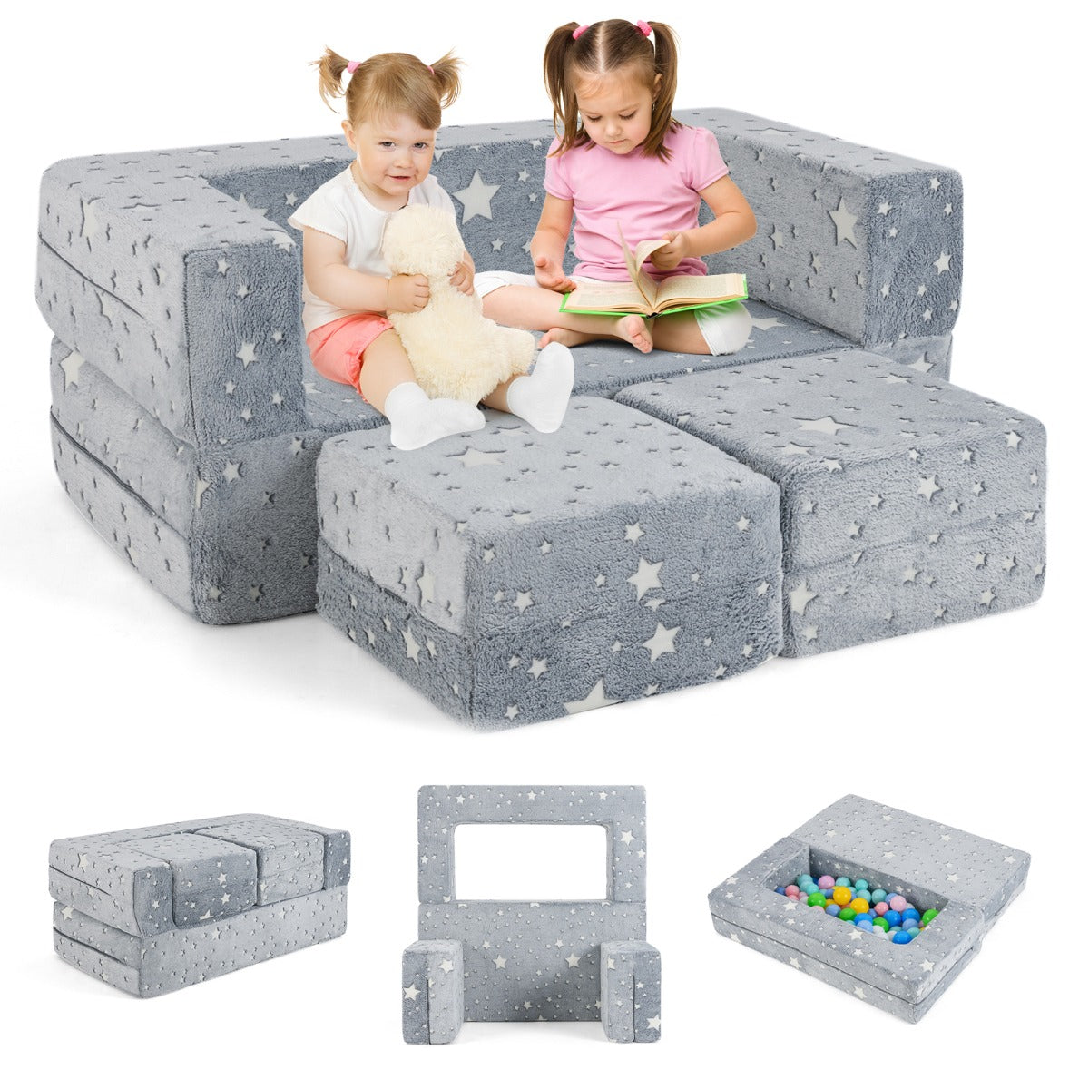 Modular grey play couch for children glows in the dark, providing fun seating and versatile playtime configurations