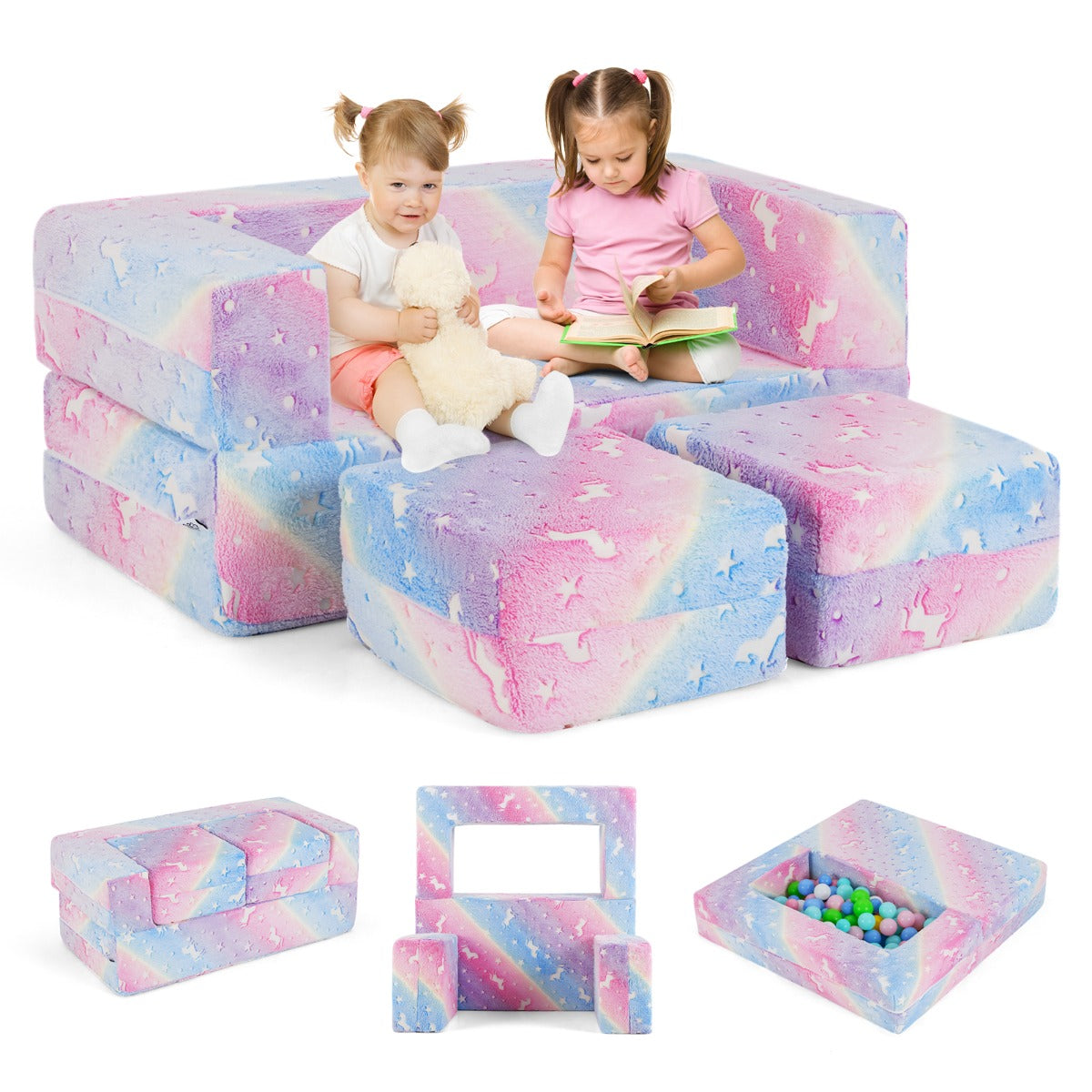 Colorful modular play couch for kids glows in the dark, offering versatile seating and creative playtime configurations