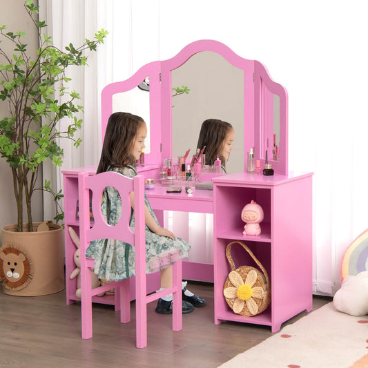 Kids pink vanity set with mirror - perfect princess dressing table and chair combo.