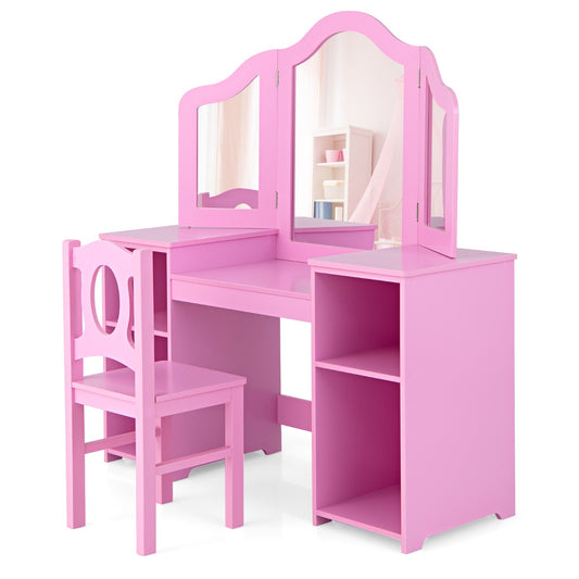 Kids pink princess vanity table set with mirror and chair for imaginative play at home