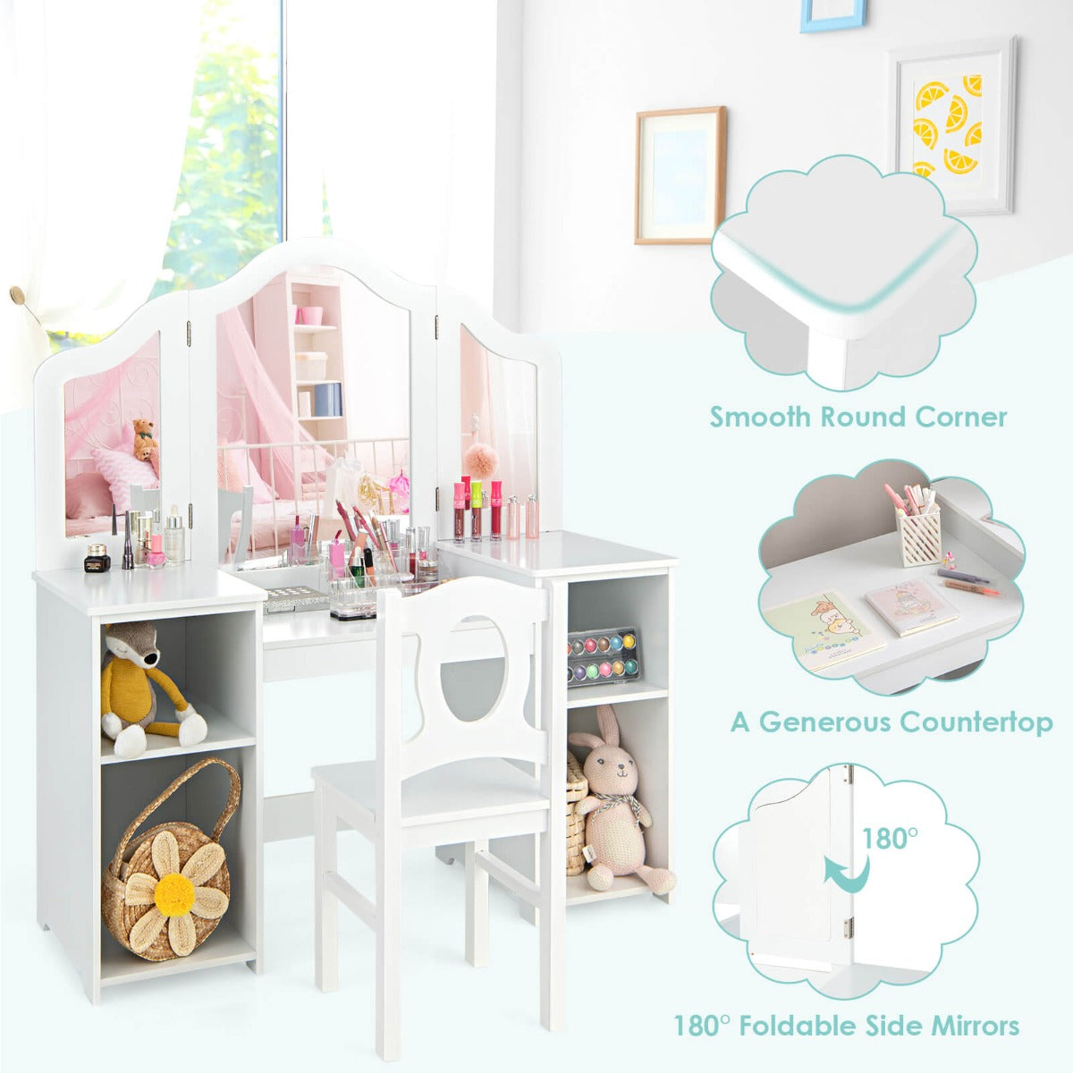 Kids vanity table set with mirror and chair, ideal multifunctional furniture for childrens grooming.