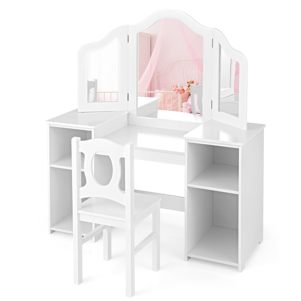 Kids Vanity Table Set with Mirror and Chair - Fun, versatile furniture for childrens bedrooms.