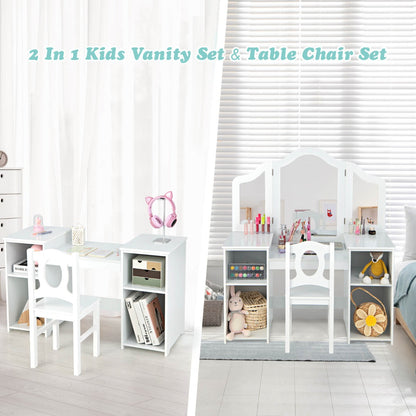 Kids Vanity Table Set with Mirror and Chair - 2-in-1 multifunctional furniture for childrens grooming