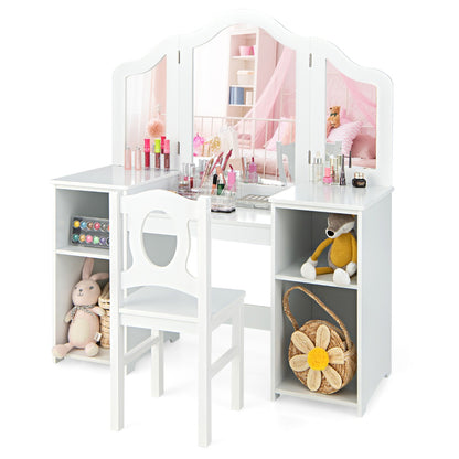 Kids Vanity Table Set with Mirror, Chair - 2-in-1 Multifunctional Furniture for Childrens Play Area