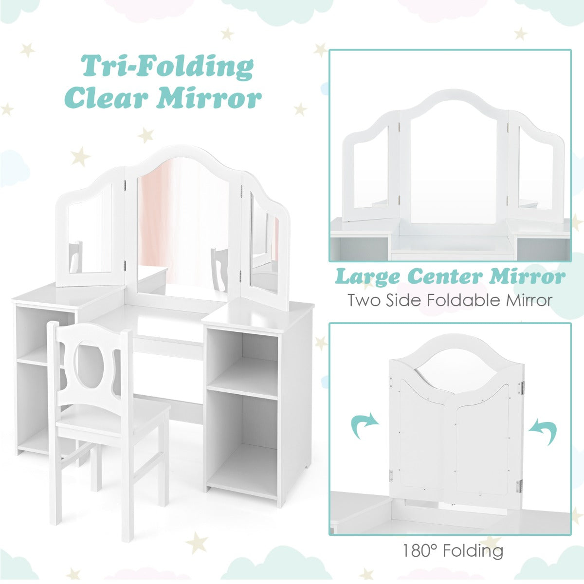 Kids Vanity Table Set with Mirror and Chair - 2-in-1 Multifunctional Furniture for Playtime