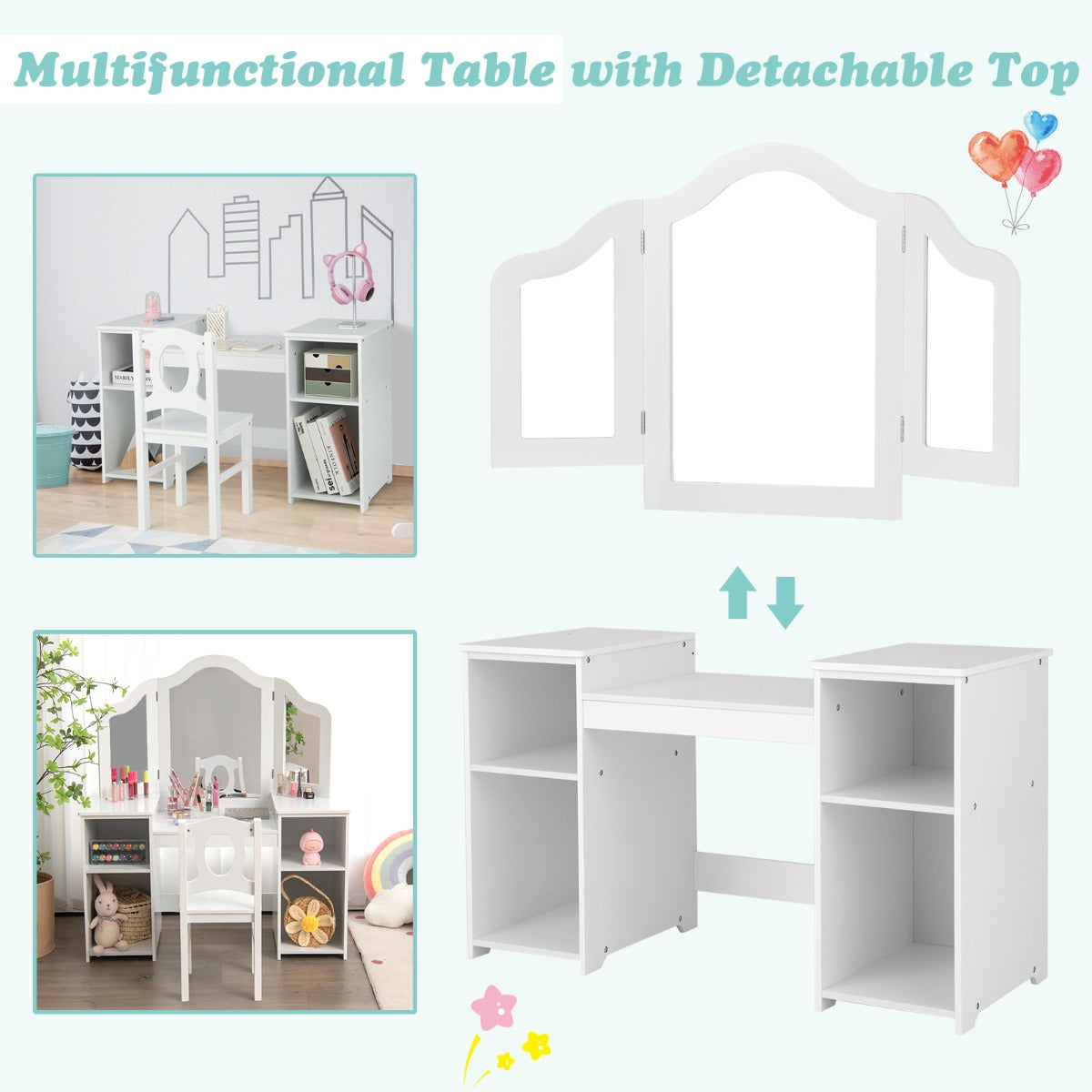 Kids vanity table set with mirror and chair, 2-in-1 furniture for childrens grooming and play.