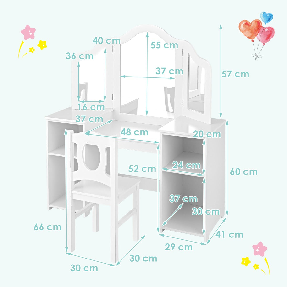 Kids Vanity Table Set with Mirror and Chair - Fun, space-saving furniture for childrens rooms.