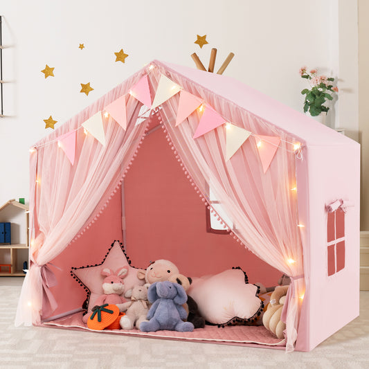 3-4 Kids Large Play Tent House with Fabric and Screen Curtains Star Lights-Pink