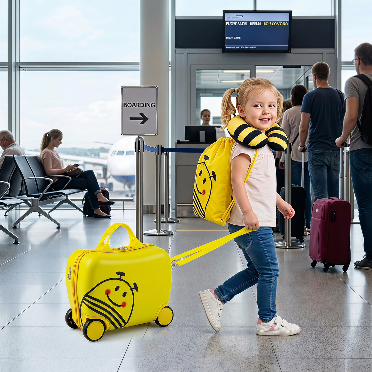 Costway 3-Piece Kids Carry-on Luggage Set with Headrest and Backpack-Yellow