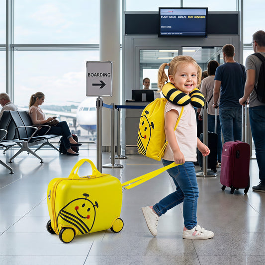 Costway 3-Piece Kids Carry-on Luggage Set with Headrest and Backpack-Yellow
