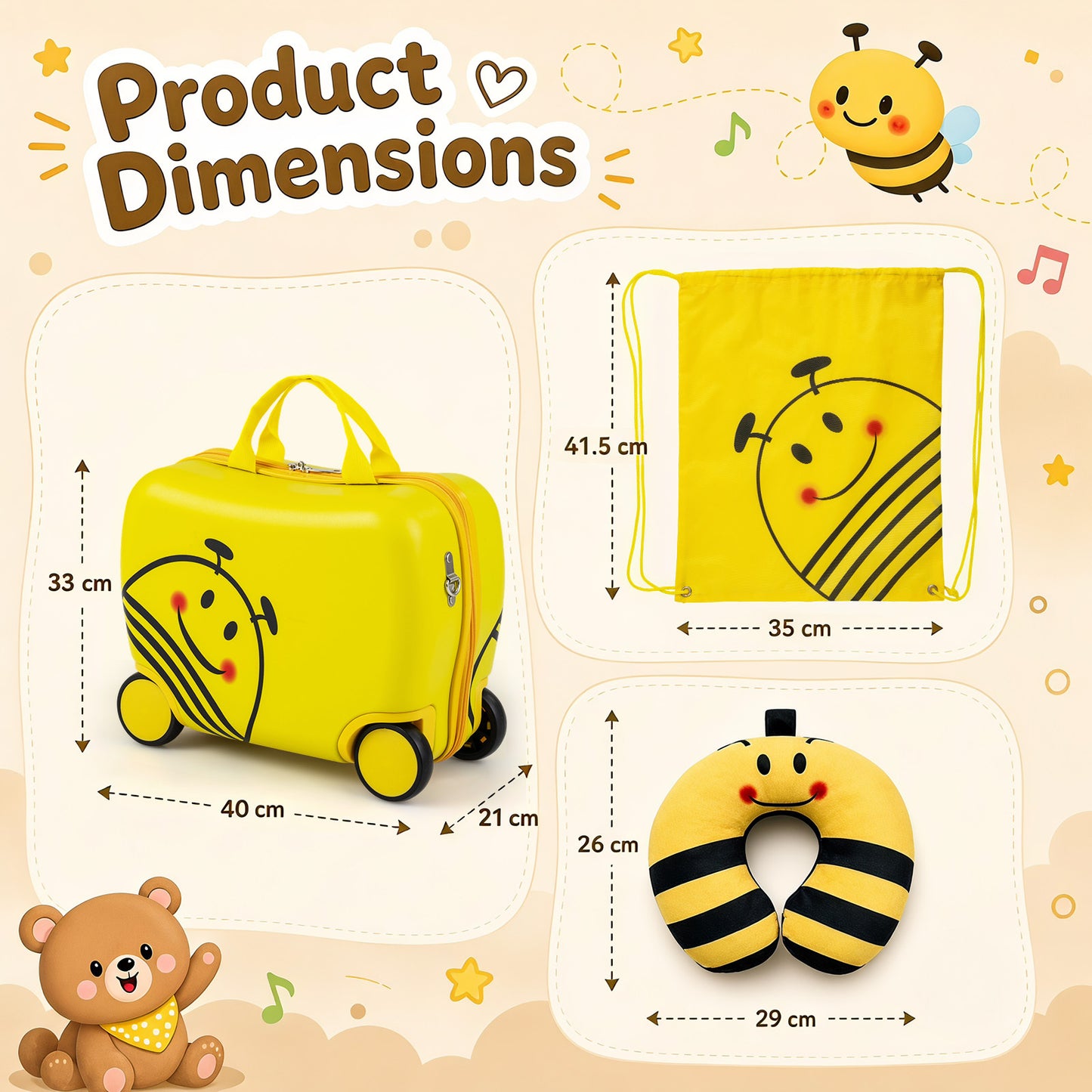 Yellow Kids 3-Piece Carry-On Luggage Set | Ride-On Suitcase