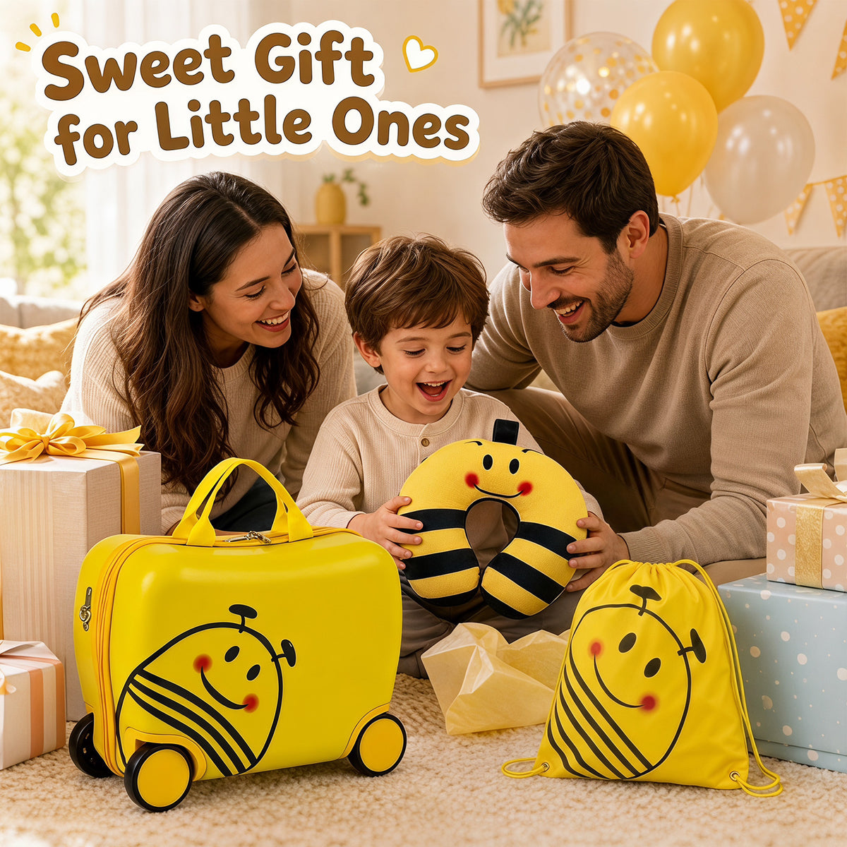 Yellow Kids 3-Piece Carry-On Luggage Set | Ride-On Suitcase