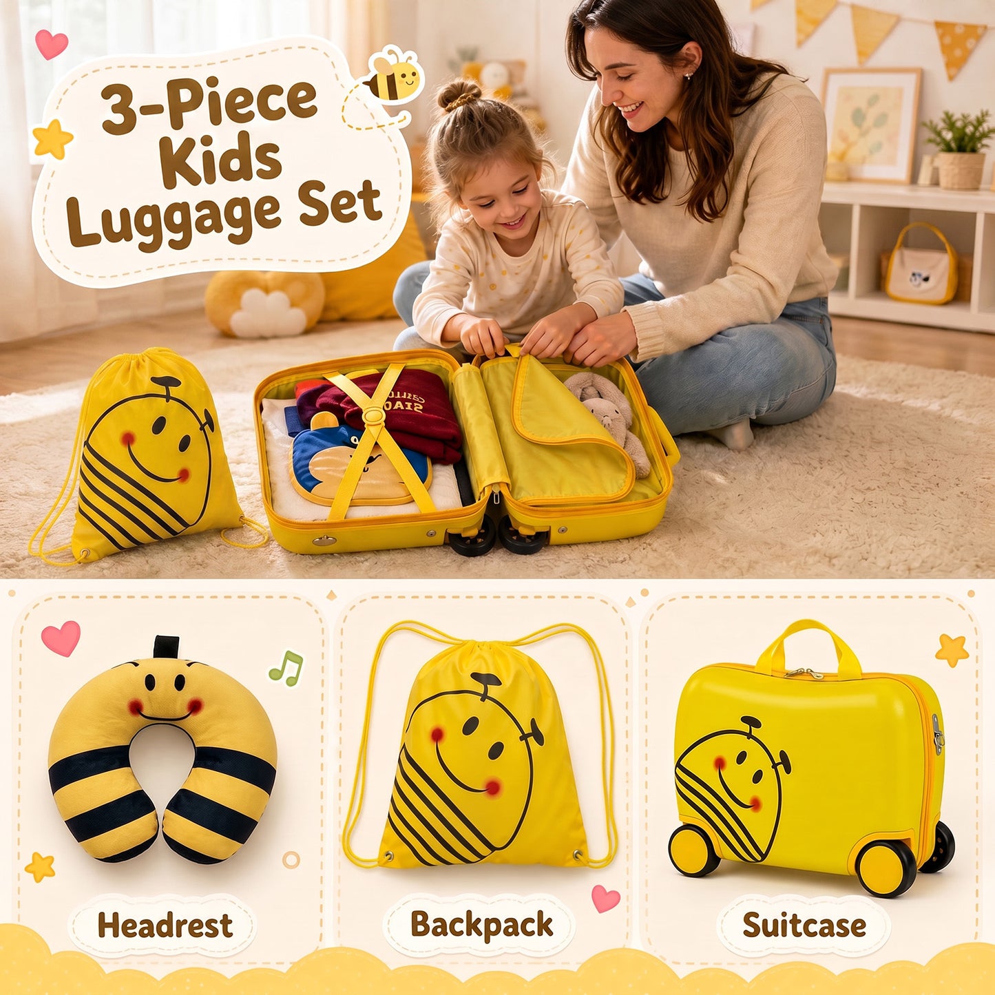 Yellow Kids 3-Piece Carry-On Luggage Set | Ride-On Suitcase