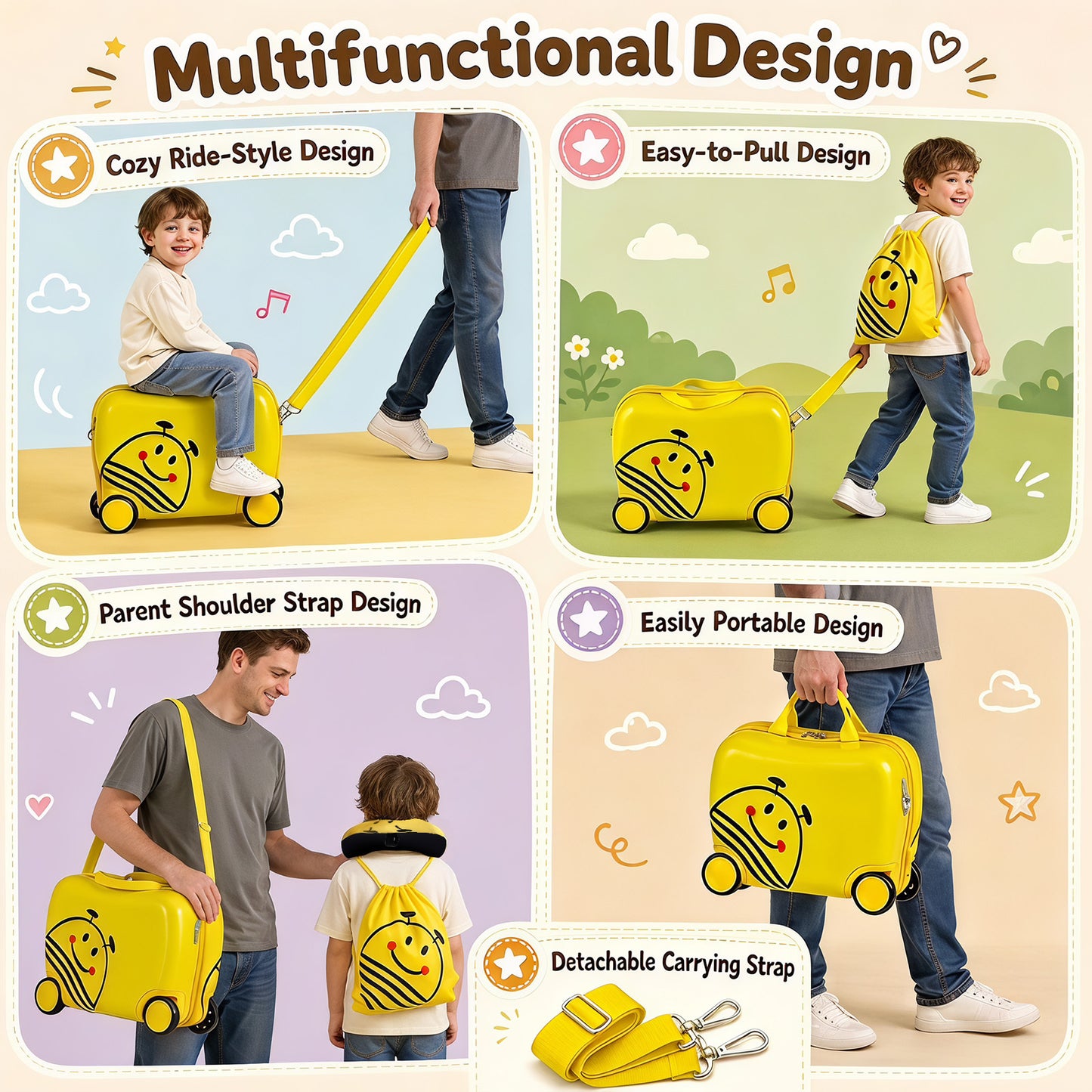 Yellow Kids 3-Piece Carry-On Luggage Set | Ride-On Suitcase