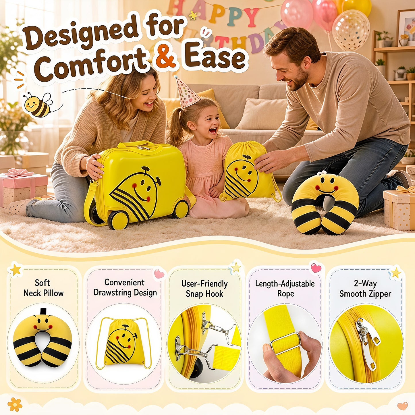 Yellow Kids 3-Piece Carry-On Luggage Set | Ride-On Suitcase