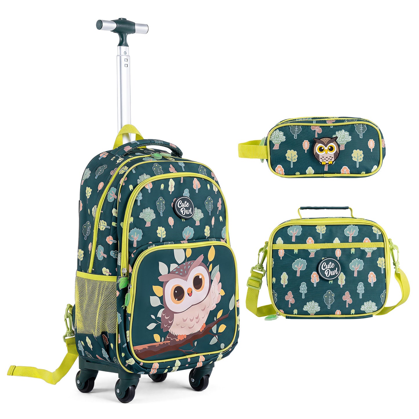 3-Piece Multicolour Owl Rolling Backpack Set | Lunch Box & Pencil Case