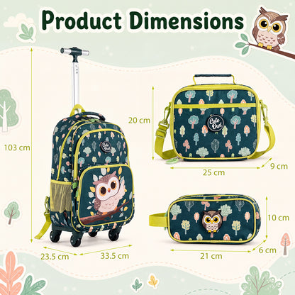 3-Piece Multicolour Owl Rolling Backpack Set | Lunch Box & Pencil Case