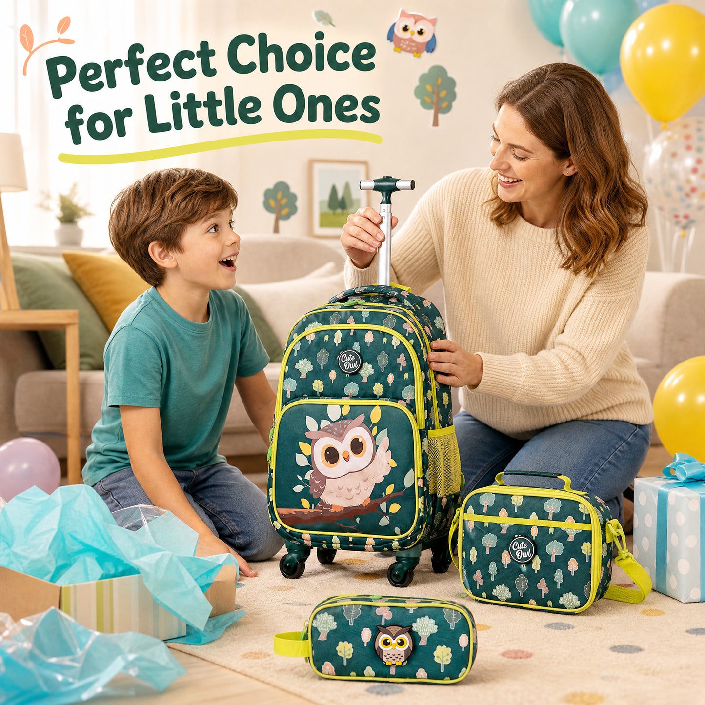 3-Piece Multicolour Owl Rolling Backpack Set | Lunch Box & Pencil Case