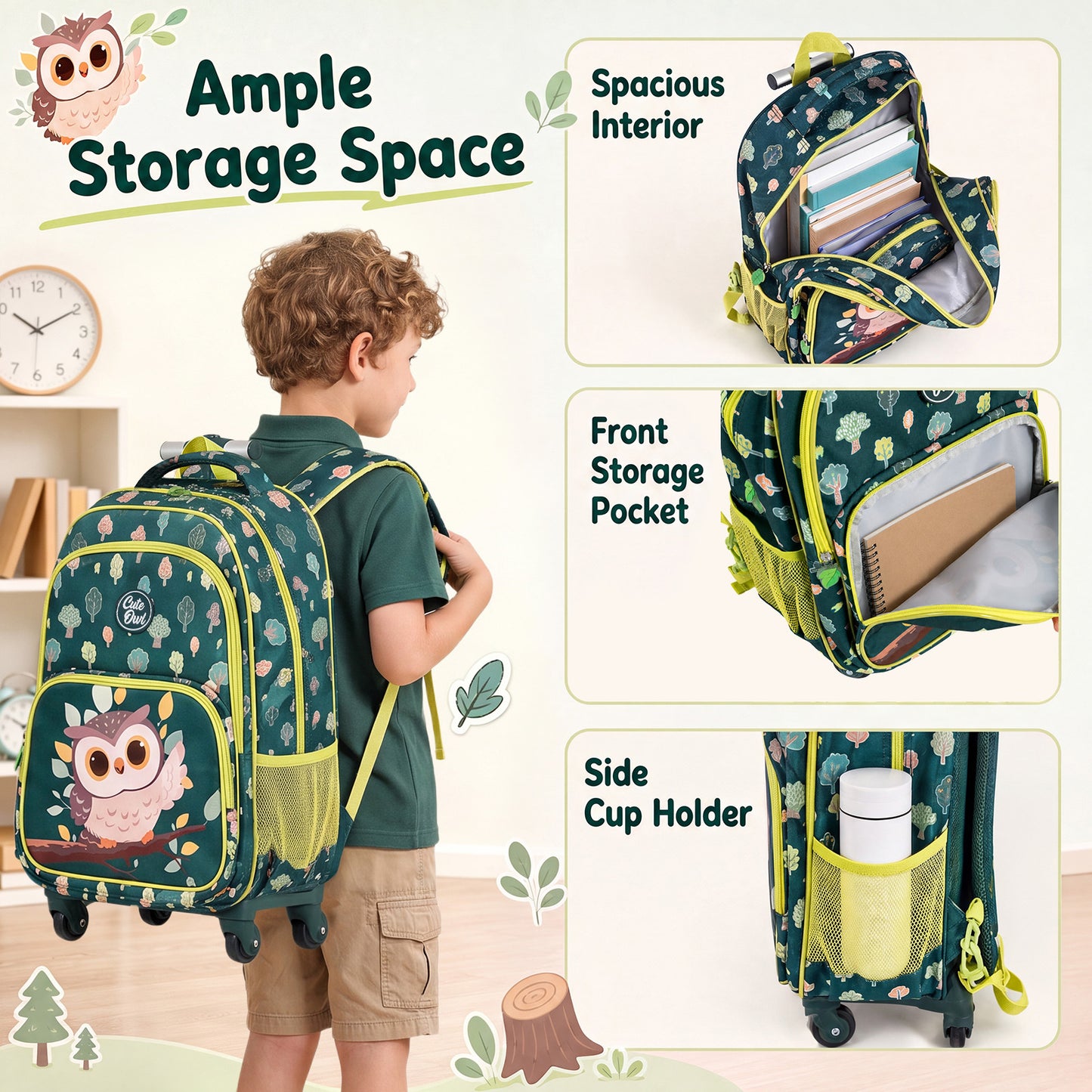 3-Piece Multicolour Owl Rolling Backpack Set | Lunch Box & Pencil Case