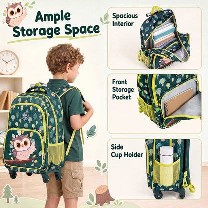 3-Piece Multicolour Owl Rolling Backpack Set | Lunch Box & Pencil Case