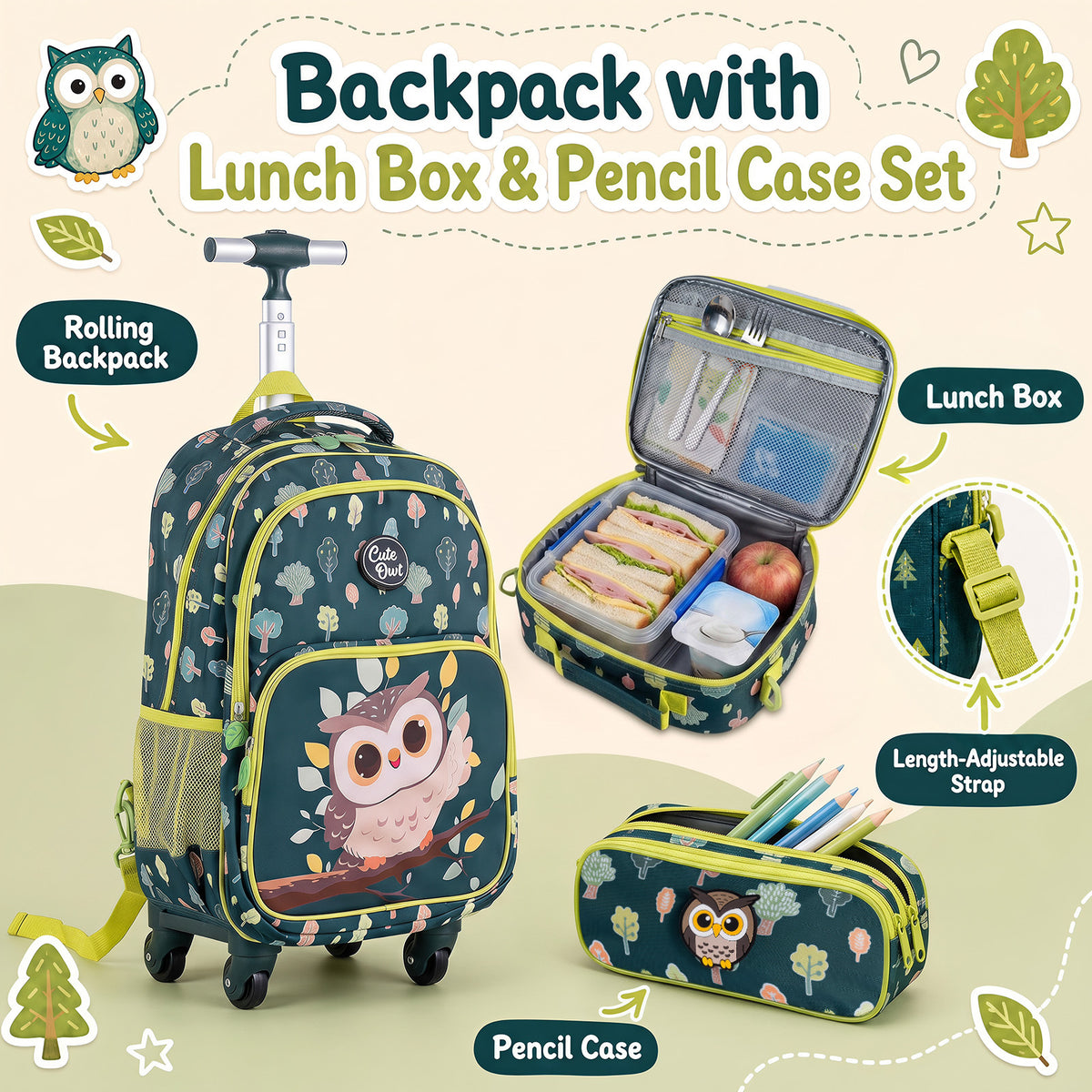 3-Piece Multicolour Owl Rolling Backpack Set | Lunch Box & Pencil Case