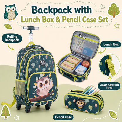3-Piece Multicolour Owl Rolling Backpack Set | Lunch Box & Pencil Case