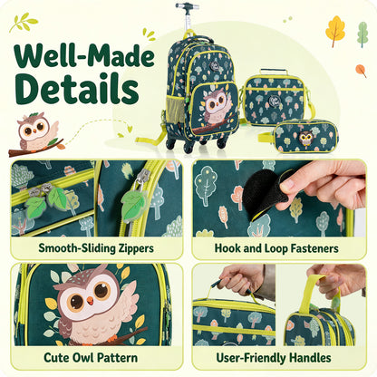 3-Piece Multicolour Owl Rolling Backpack Set | Lunch Box & Pencil Case