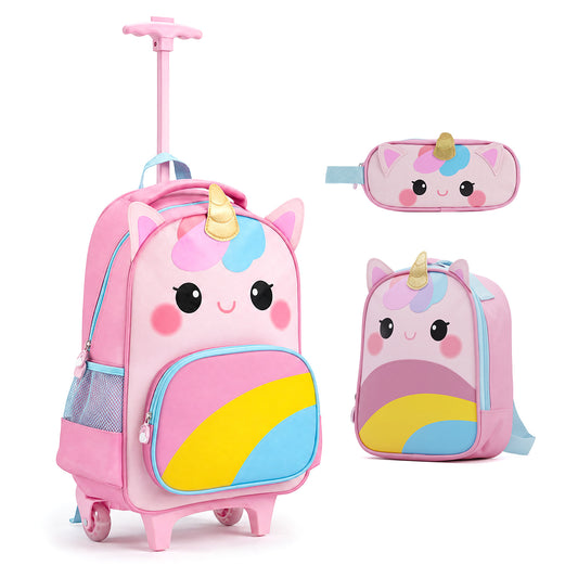 Costway 3 Pieces Unicorn Rolling Backpack for Kids-Multicolour