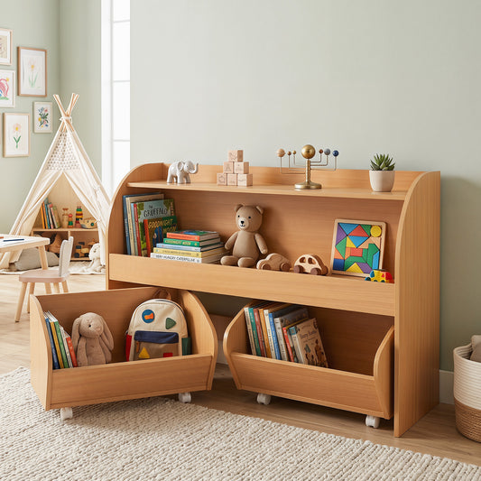Costway 3-Tier Kids Toy Storage Organizer with 2 Rolling Drawers for Kids Room-Natural