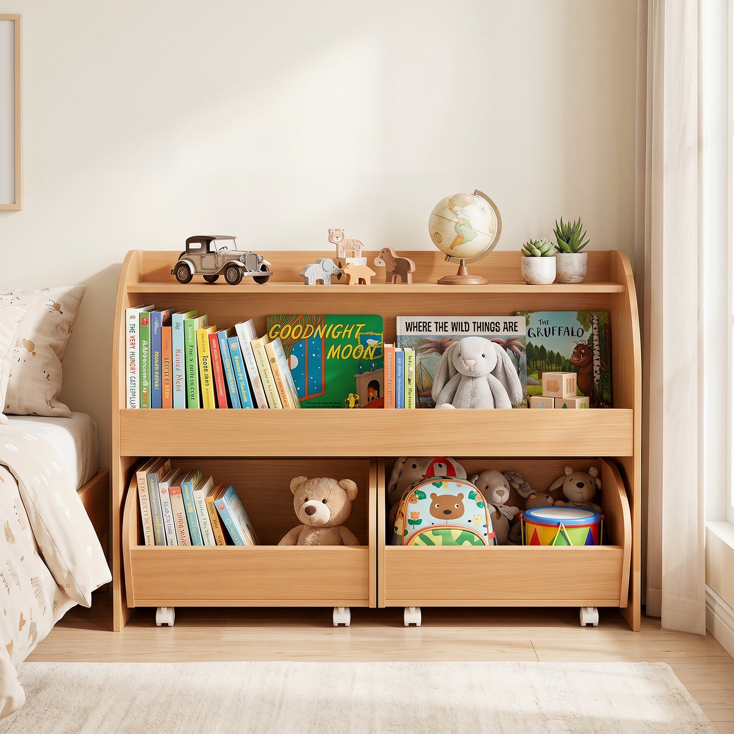 3 Tier Kids Toy Storage Organizer | Natural 2 Rolling Drawers
