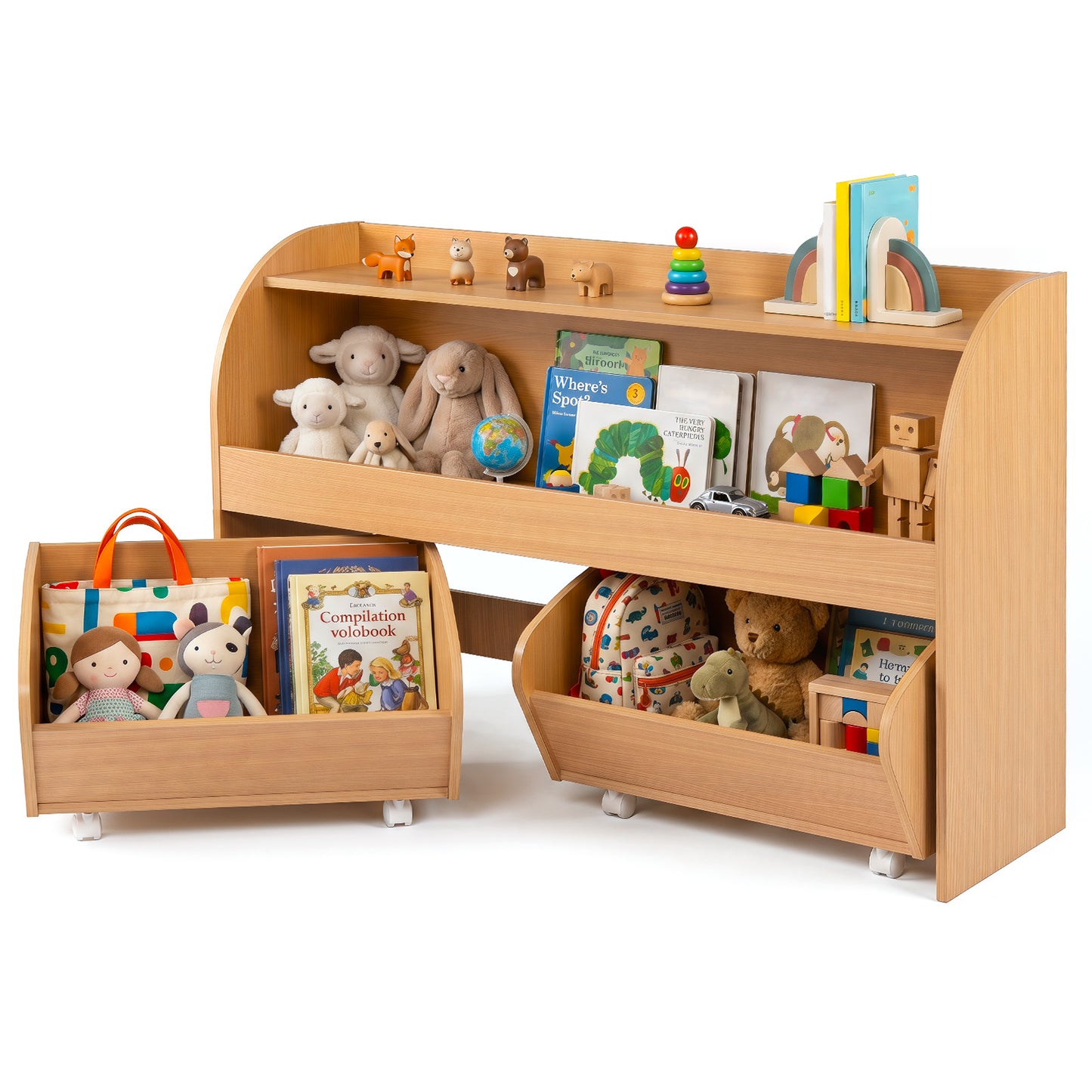 3 Tier Kids Toy Storage Organizer | Natural 2 Rolling Drawers