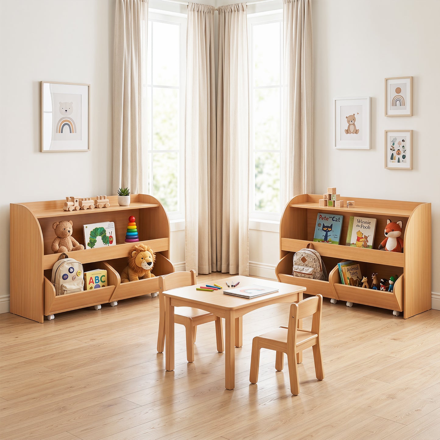 3 Tier Kids Toy Storage Organizer | Natural 2 Rolling Drawers