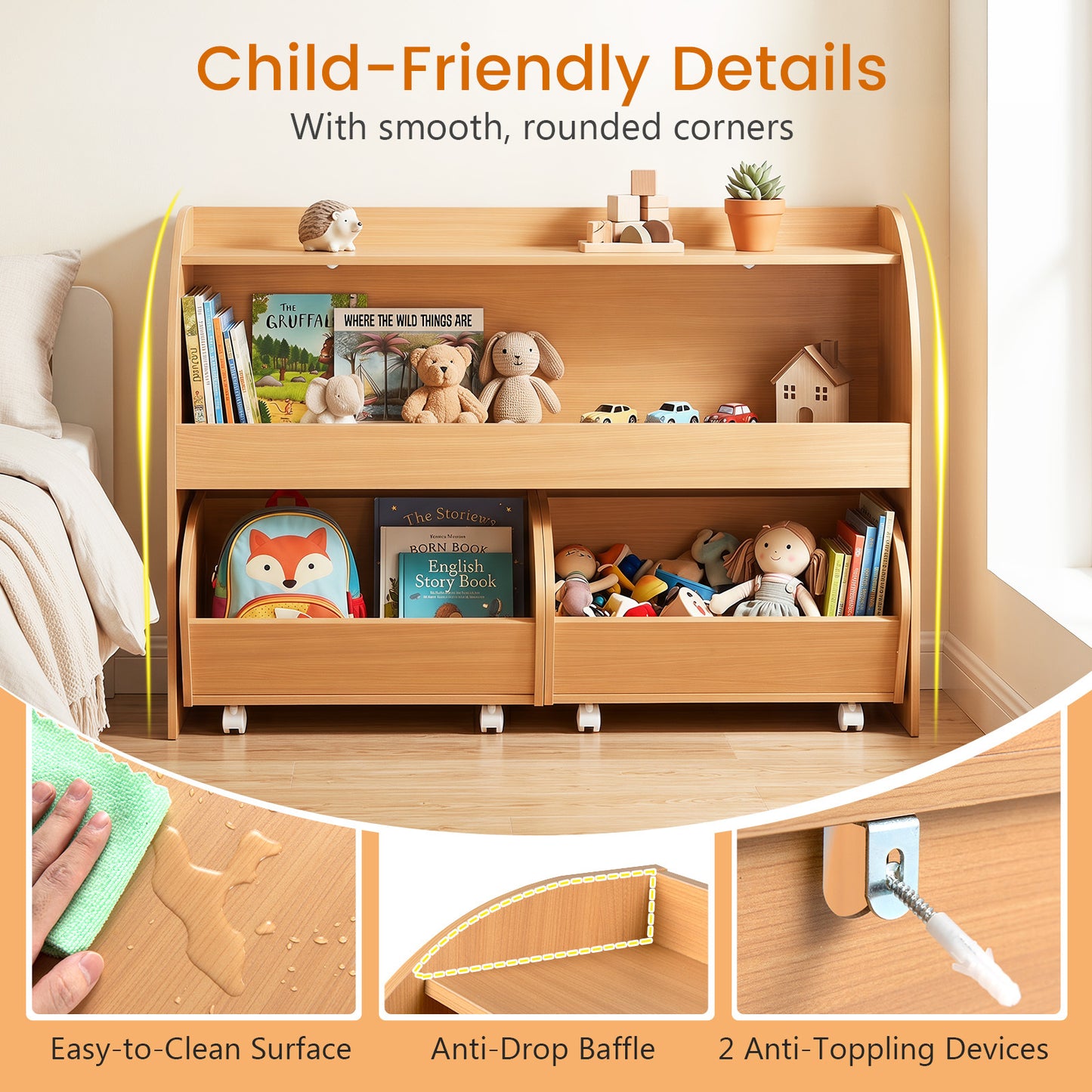 3 Tier Kids Toy Storage Organizer | Natural 2 Rolling Drawers