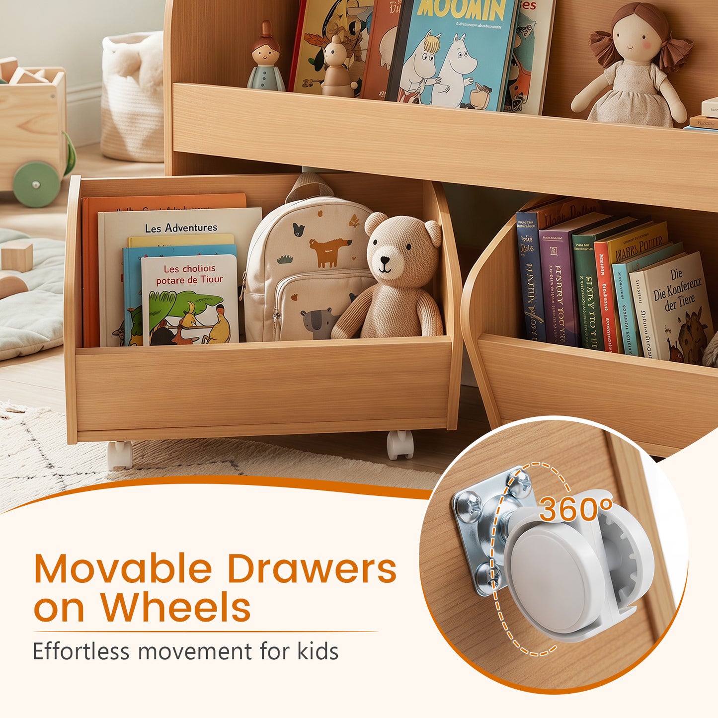 3 Tier Kids Toy Storage Organizer | Natural 2 Rolling Drawers