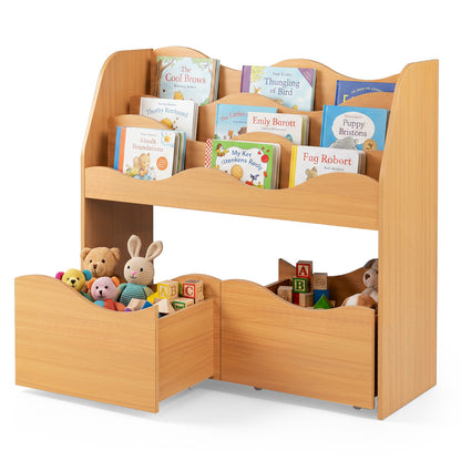 3 Tier Natural Wooden Bookcase | Kids Toy Storage Organizer with Drawers