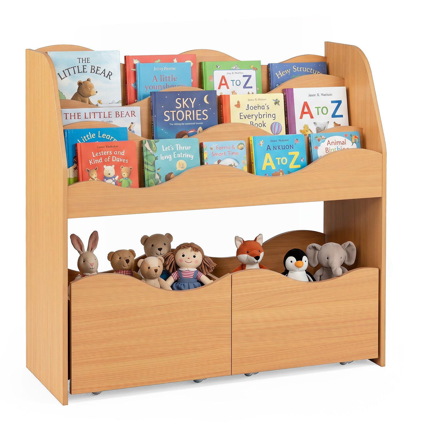 3 Tier Natural Wooden Bookcase | Kids Toy Storage Organizer with Drawers