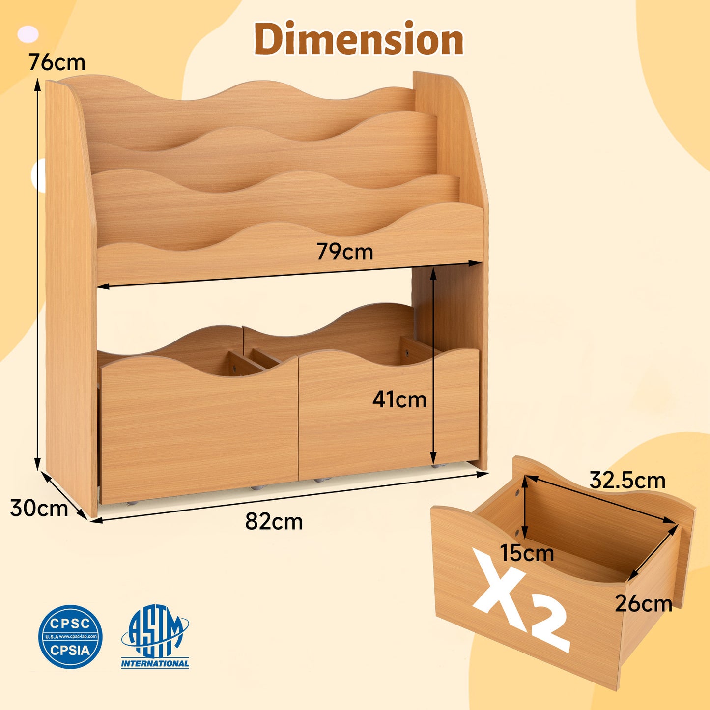 3 Tier Natural Wooden Bookcase | Kids Toy Storage Organizer with Drawers