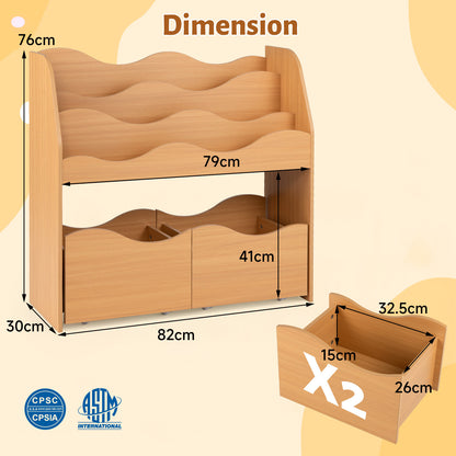 3 Tier Natural Wooden Bookcase | Kids Toy Storage Organizer with Drawers