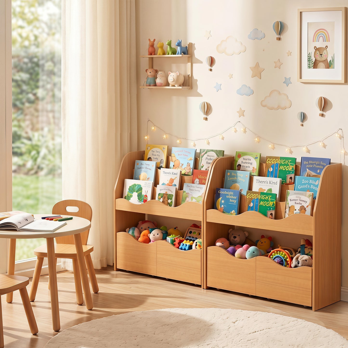 3 Tier Natural Wooden Bookcase | Kids Toy Storage Organizer with Drawers