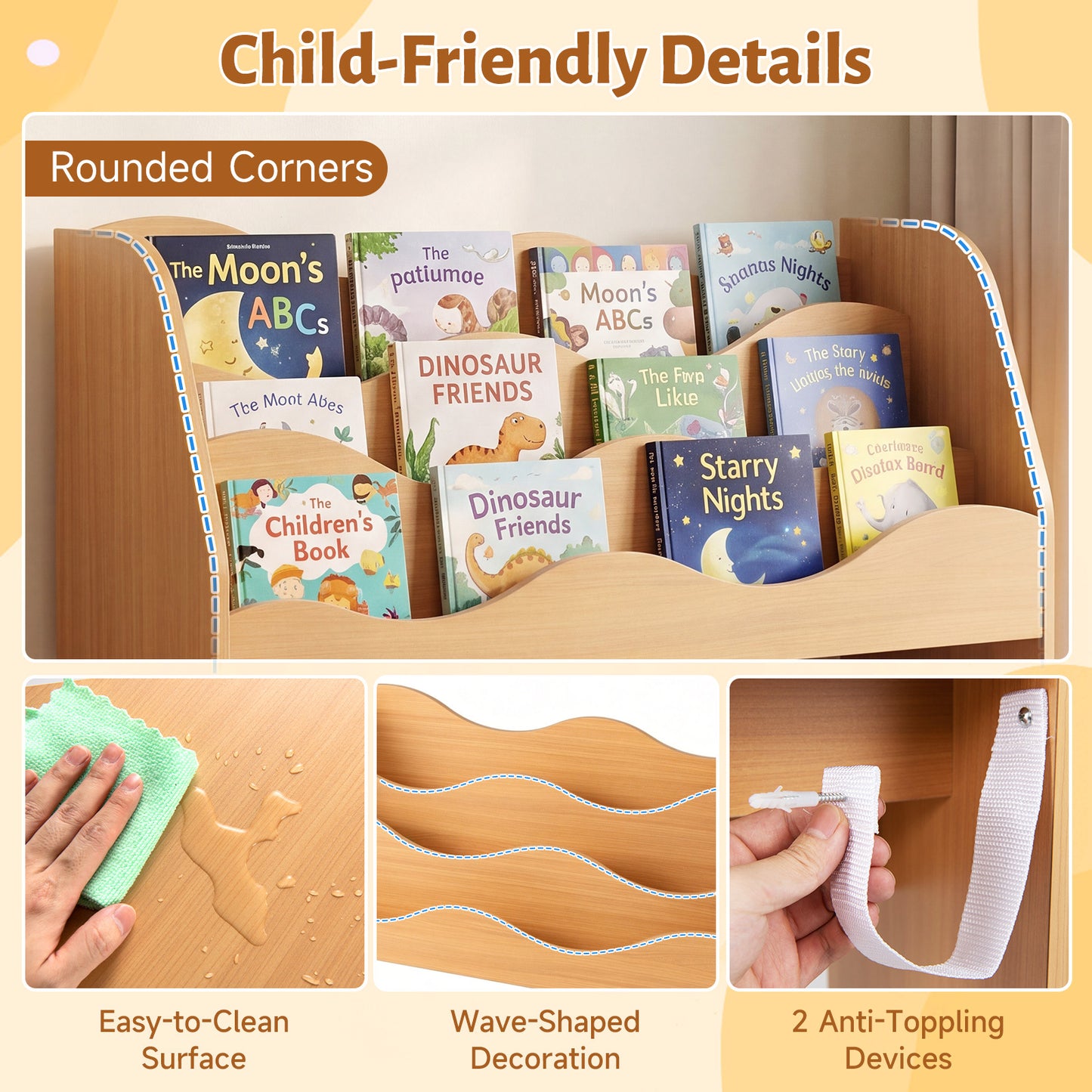 3 Tier Natural Wooden Bookcase | Kids Toy Storage Organizer with Drawers