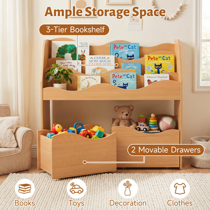 3 Tier Natural Wooden Bookcase | Kids Toy Storage Organizer with Drawers