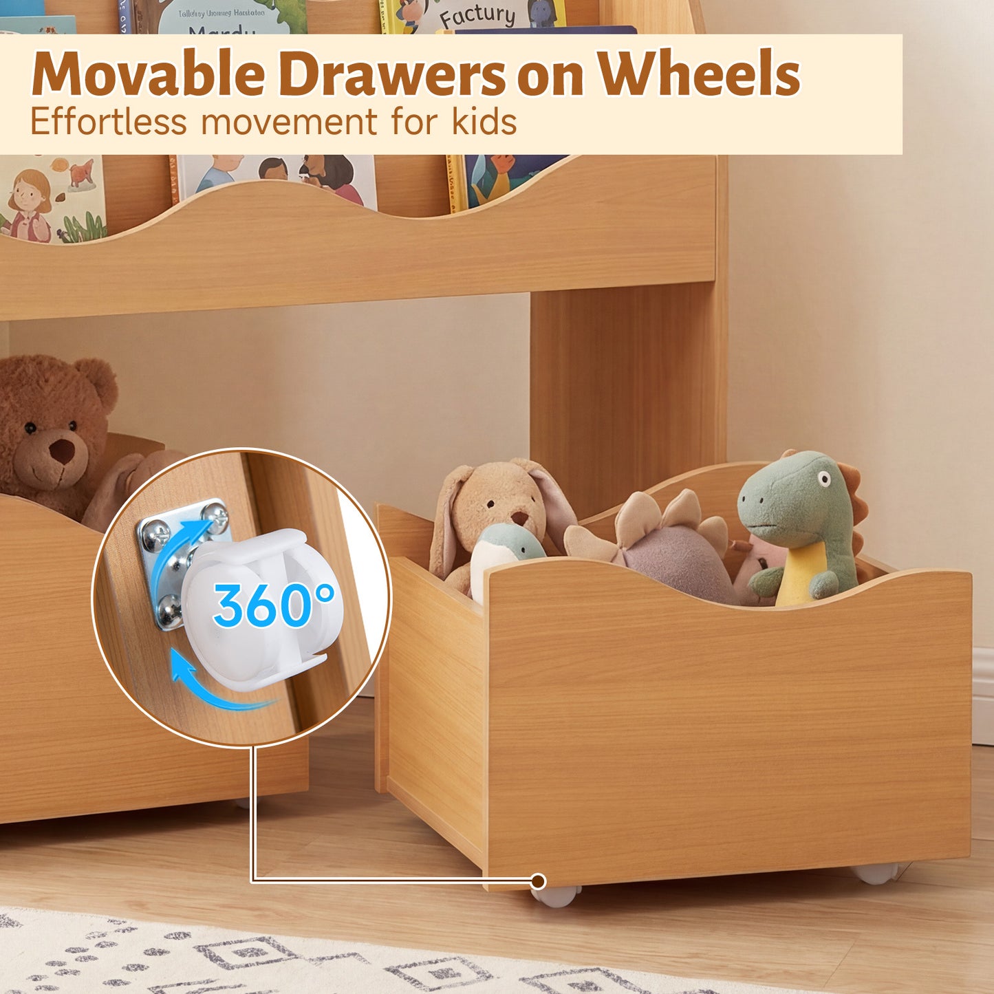 3 Tier Natural Wooden Bookcase | Kids Toy Storage Organizer with Drawers
