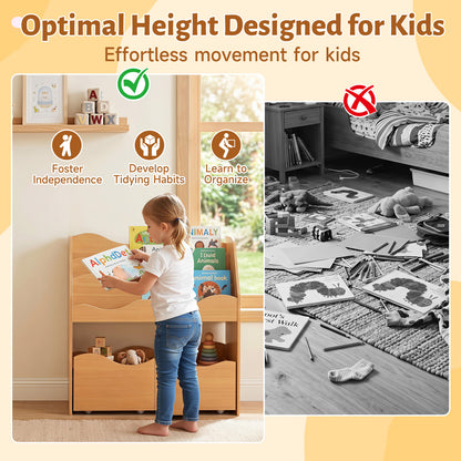 3 Tier Natural Wooden Bookcase | Kids Toy Storage Organizer with Drawers